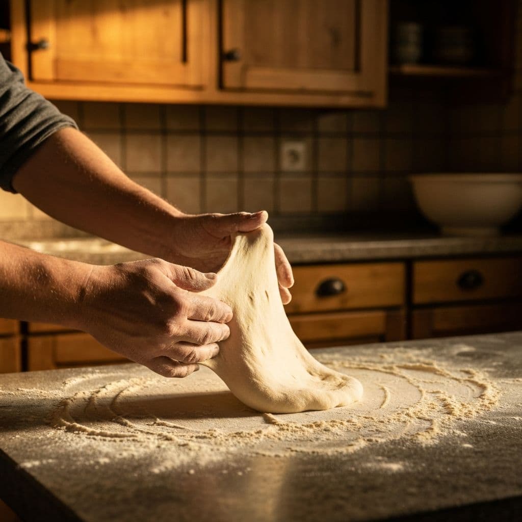 Artisan hands stretching sourdough pizza dough