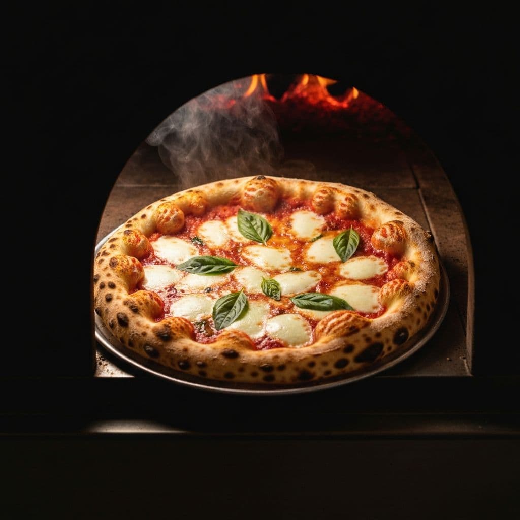 Pizza being pulled from wood-fired oven